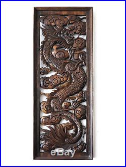 1 Pair Dragon Vintage Wooden Carved Home Wall Panel Mural Decor Art Statue gtahy
