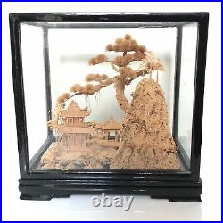 10.5 x 10.5 Large Vintage Chinese Hand Carved Cork Diorama Black Lacquer Art