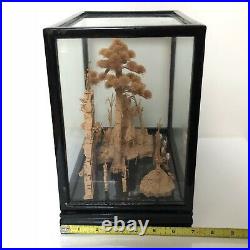10.5 x 10.5 Large Vintage Chinese Hand Carved Cork Diorama Black Lacquer Art
