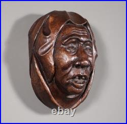 11 Tall Large Vintage Decorative Highly Carved Face/Head in Solid Oak Wood