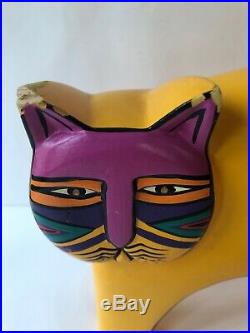 11 Vintage Laurel Burch Hand Painted Wood Cat Sculpture Yellow Indonesia Carved