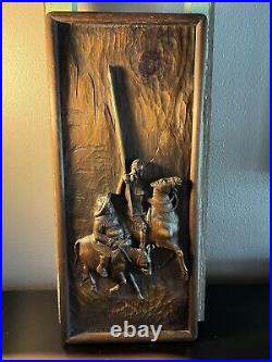 11 X 24 Vintage Carved Don Quixote & Sancho Panza Wood Panel Frieze Spain