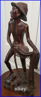 15 Vintage Njana Tilem Gallery Mas Bali wood Fisherman sculpture Signed