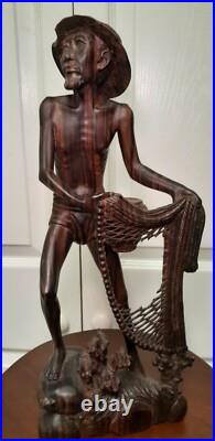 15 Vintage Njana Tilem Gallery Mas Bali wood Fisherman sculpture Signed
