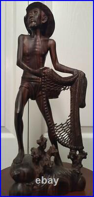 15 Vintage Njana Tilem Gallery Mas Bali wood Fisherman sculpture Signed