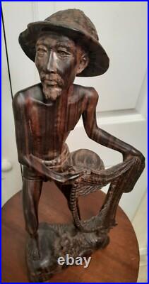 15 Vintage Njana Tilem Gallery Mas Bali wood Fisherman sculpture Signed