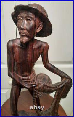15 Vintage Njana Tilem Gallery Mas Bali wood Fisherman sculpture Signed
