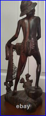 15 Vintage Njana Tilem Gallery Mas Bali wood Fisherman sculpture Signed
