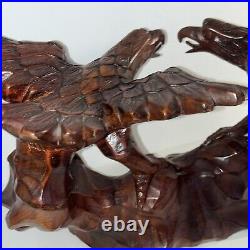 16- 2 Hand Carved Wooden Eagles Fighting Statue Sculpture Art- Vintage 80's