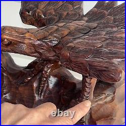 16- 2 Hand Carved Wooden Eagles Fighting Statue Sculpture Art- Vintage 80's