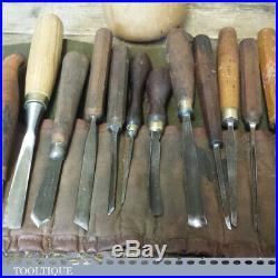 16 No Vintage Wood Carving Chisels In Roll with Beechwood Carvers Mallet