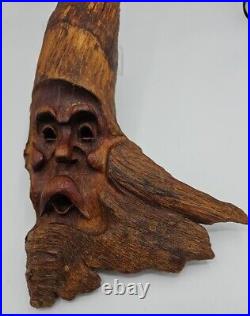 18 VTG'87 Hand Carved Wood Spirit Old Man Face Tree Bark Log Sculpture Signed