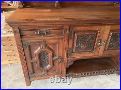 1870's English Gothic Revival Sideboard w 5 Beveled Mirrors, Cellarette, Carving
