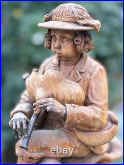 18thC Antique Continental Carved Wood Statue Figure w Wind Instrument, Bohemian