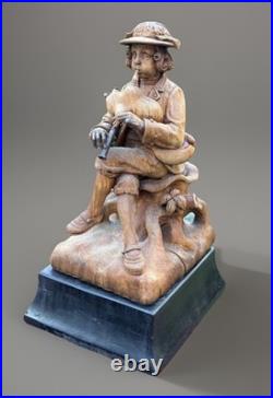 18thC Antique Continental Carved Wood Statue Figure w Wind Instrument, Bohemian