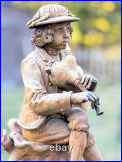 18thC Antique Continental Carved Wood Statue Figure w Wind Instrument, Bohemian