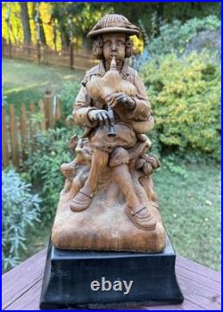 18thC Antique Continental Carved Wood Statue Figure w Wind Instrument, Bohemian