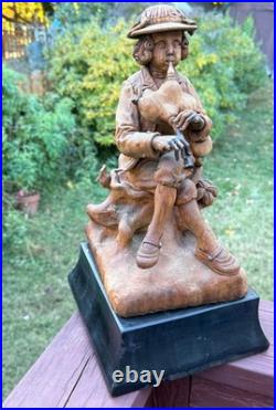 18thC Antique Continental Carved Wood Statue Figure w Wind Instrument, Bohemian