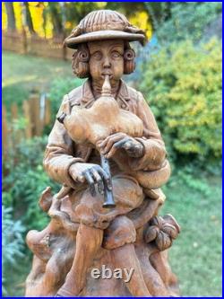 18thC Antique Continental Carved Wood Statue Figure w Wind Instrument, Bohemian