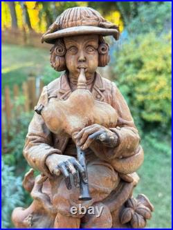 18thC Antique Continental Carved Wood Statue Figure w Wind Instrument, Bohemian