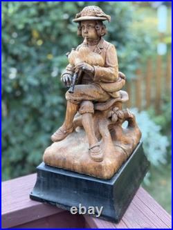 18thC Antique Continental Carved Wood Statue Figure w Wind Instrument, Bohemian