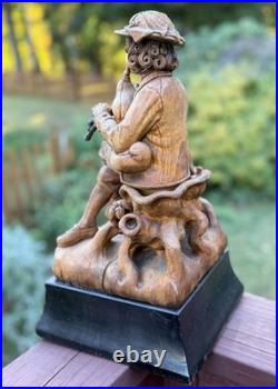 18thC Antique Continental Carved Wood Statue Figure w Wind Instrument, Bohemian