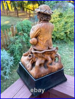 18thC Antique Continental Carved Wood Statue Figure w Wind Instrument, Bohemian