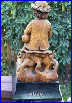 18thC Antique Continental Carved Wood Statue Figure w Wind Instrument, Bohemian