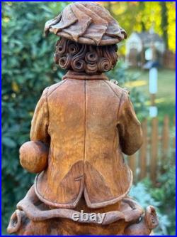 18thC Antique Continental Carved Wood Statue Figure w Wind Instrument, Bohemian