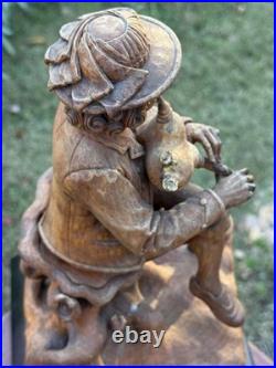 18thC Antique Continental Carved Wood Statue Figure w Wind Instrument, Bohemian