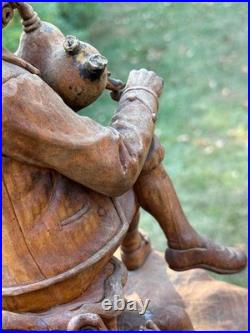 18thC Antique Continental Carved Wood Statue Figure w Wind Instrument, Bohemian