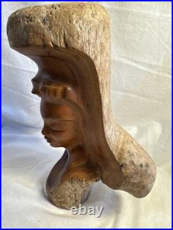 1970's Vintage Mid-Century Wood Carving Hawaii Islander Woman Face Hand Carved