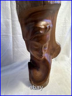 1970's Vintage Mid-Century Wood Carving Hawaii Islander Woman Face Hand Carved