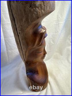 1970's Vintage Mid-Century Wood Carving Hawaii Islander Woman Face Hand Carved