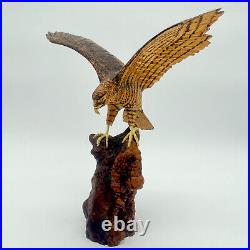 1993 vintage wood Carved Bald Eagle Wood Carving Statue landing on branch signed