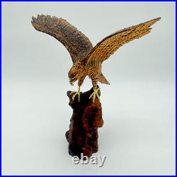 1993 vintage wood Carved Bald Eagle Wood Carving Statue landing on branch signed