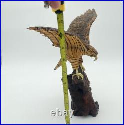 1993 vintage wood Carved Bald Eagle Wood Carving Statue landing on branch signed