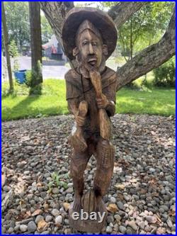 2.5 ft Vintage Hand Carved Brown Wooden Man Figurine Sculpture Statue with Hat