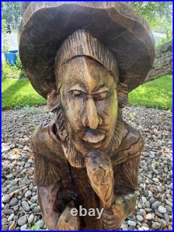 2.5 ft Vintage Hand Carved Brown Wooden Man Figurine Sculpture Statue with Hat