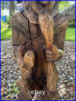 2.5 ft Vintage Hand Carved Brown Wooden Man Figurine Sculpture Statue with Hat