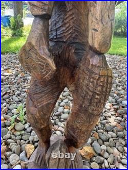 2.5 ft Vintage Hand Carved Brown Wooden Man Figurine Sculpture Statue with Hat