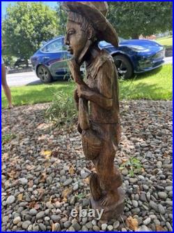 2.5 ft Vintage Hand Carved Brown Wooden Man Figurine Sculpture Statue with Hat