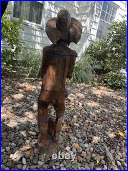 2.5 ft Vintage Hand Carved Brown Wooden Man Figurine Sculpture Statue with Hat