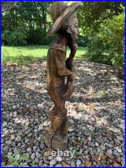 2.5 ft Vintage Hand Carved Brown Wooden Man Figurine Sculpture Statue with Hat