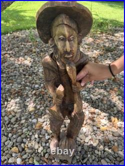 2.5 ft Vintage Hand Carved Brown Wooden Man Figurine Sculpture Statue with Hat