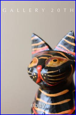2 Cute! Mexican Folk Art Cat Sculptures! Vtg Art Wood Pair Polychrome Black 50's