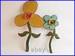 2 Folk Art Flavia Weedn Wood Cutout Flowers Original Hand Painted Vintage 1960s