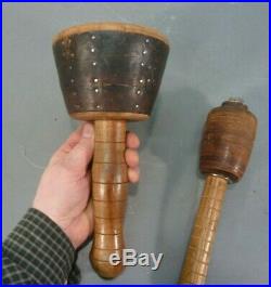 2 Large Heavy Antique Leather Wood Metal Mallet Maul Hammer Vtg Carving Tool