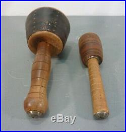 2 Large Heavy Antique Leather Wood Metal Mallet Maul Hammer Vtg Carving Tool