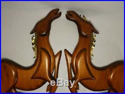 (2) Mid-Century Modern Wall Sculpture HORSES Walnut Wood & Brass VINTAGE EXCE